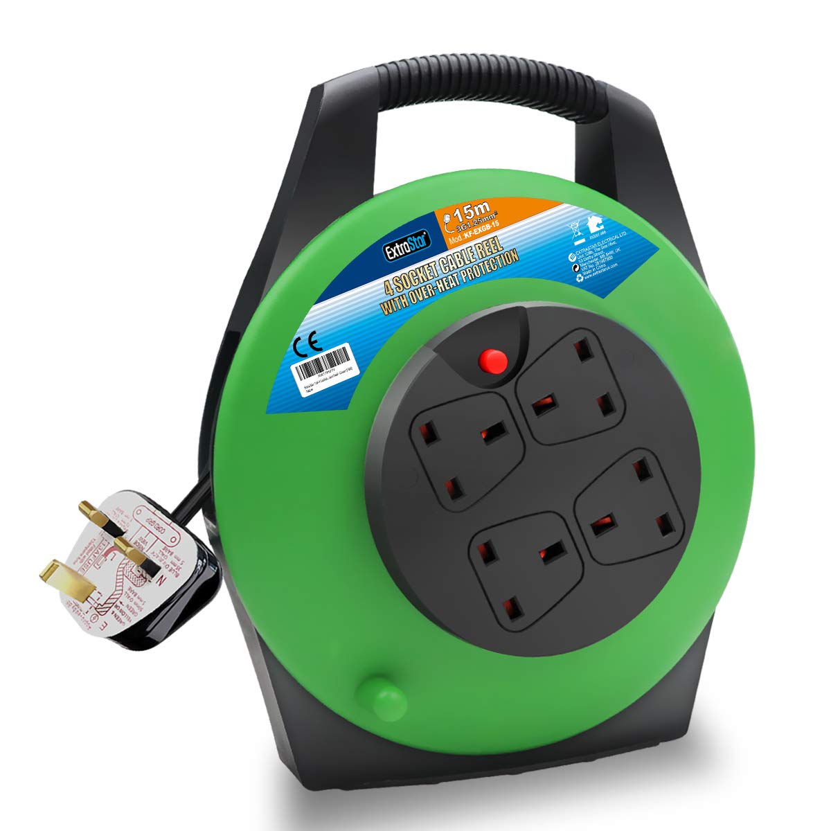 ExtraStar 15m Heavy-Duty Extension Reel | 4 Sockets & Thermal Cut Out