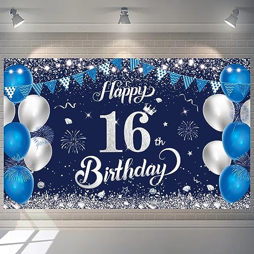 16th Birthday Banner - Navy Blue & Silver Party Backdrop