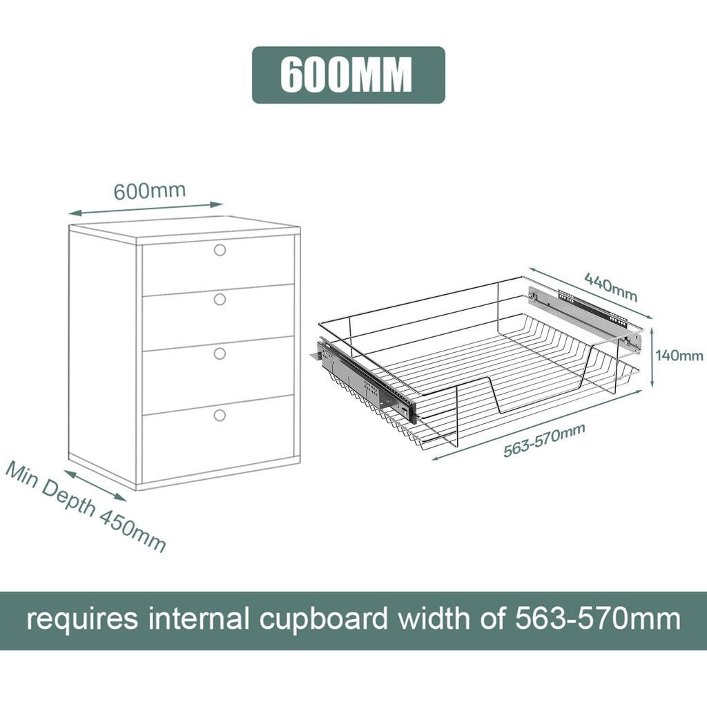 XEMQENER 600mm Pull Out Kitchen Wire Basket – Heavy Duty Cabinet Drawer