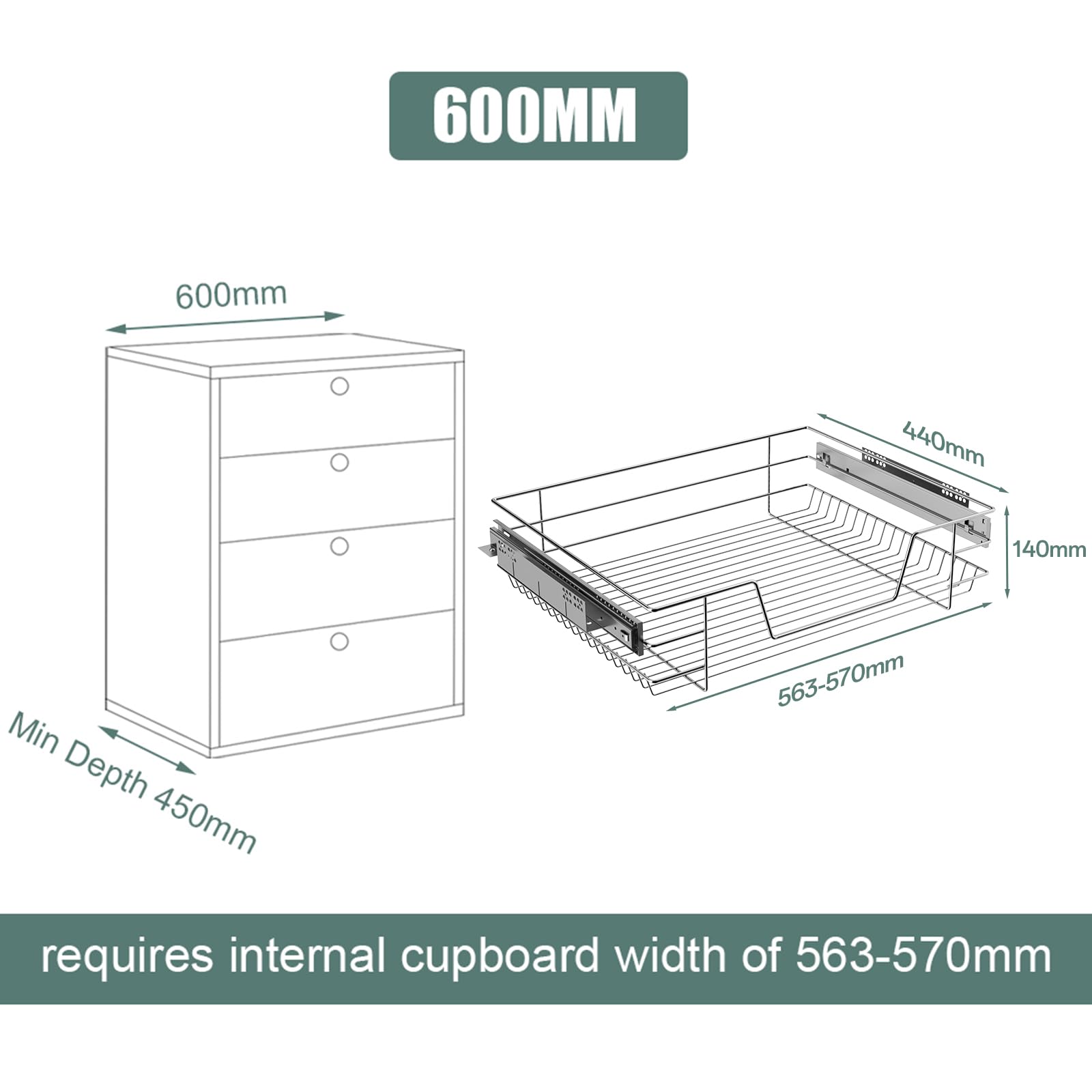 XEMQENER 600mm Pull Out Kitchen Wire Basket – Heavy Duty Cabinet Drawer