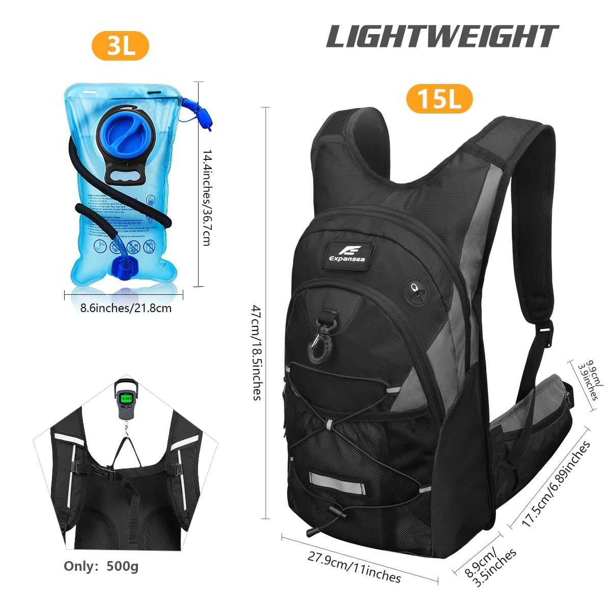 Expansea Hydration Backpack | 3L Water Bladder Insulated Hiking Pack