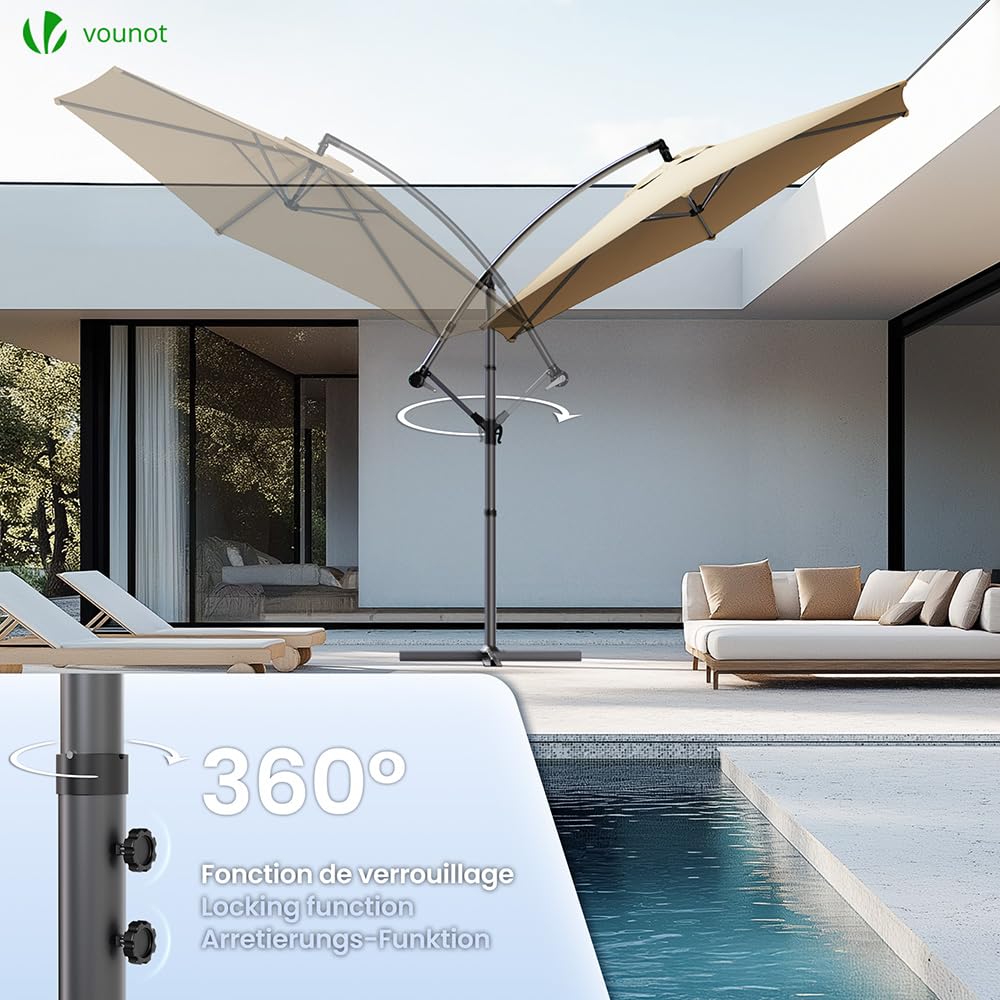 VOUNOT 3m Cantilever Garden Parasol – Tilting Banana Patio Umbrella, Khaki
