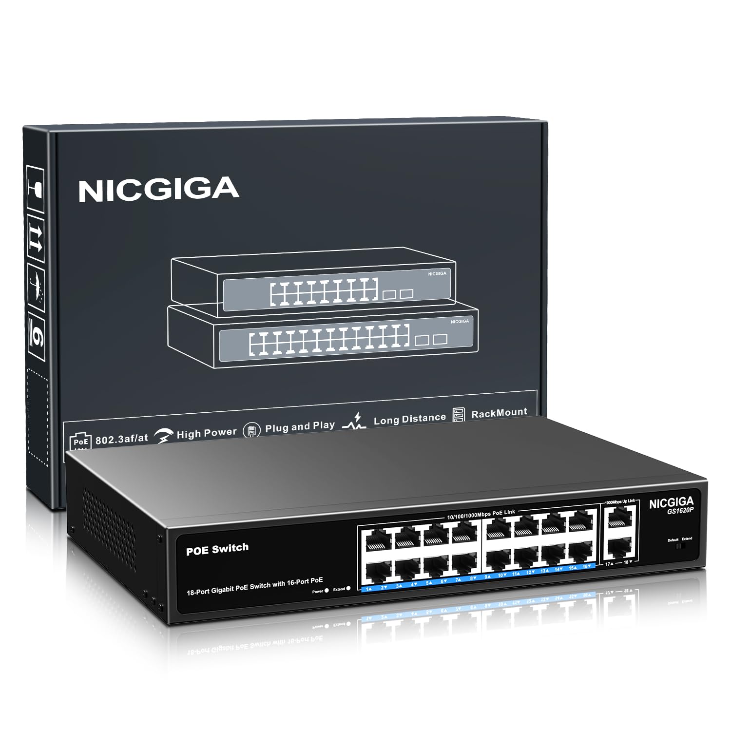 NICGIGA 16 Port Gigabit PoE Switch | 250W Unmanaged Rackmount VLAN