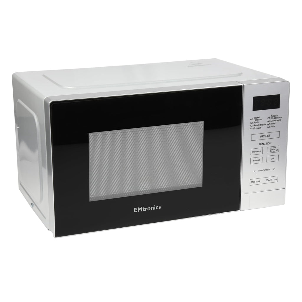 EMtronics 20L Digital Microwave with 800W Grill & 10 Power Levels – Silver