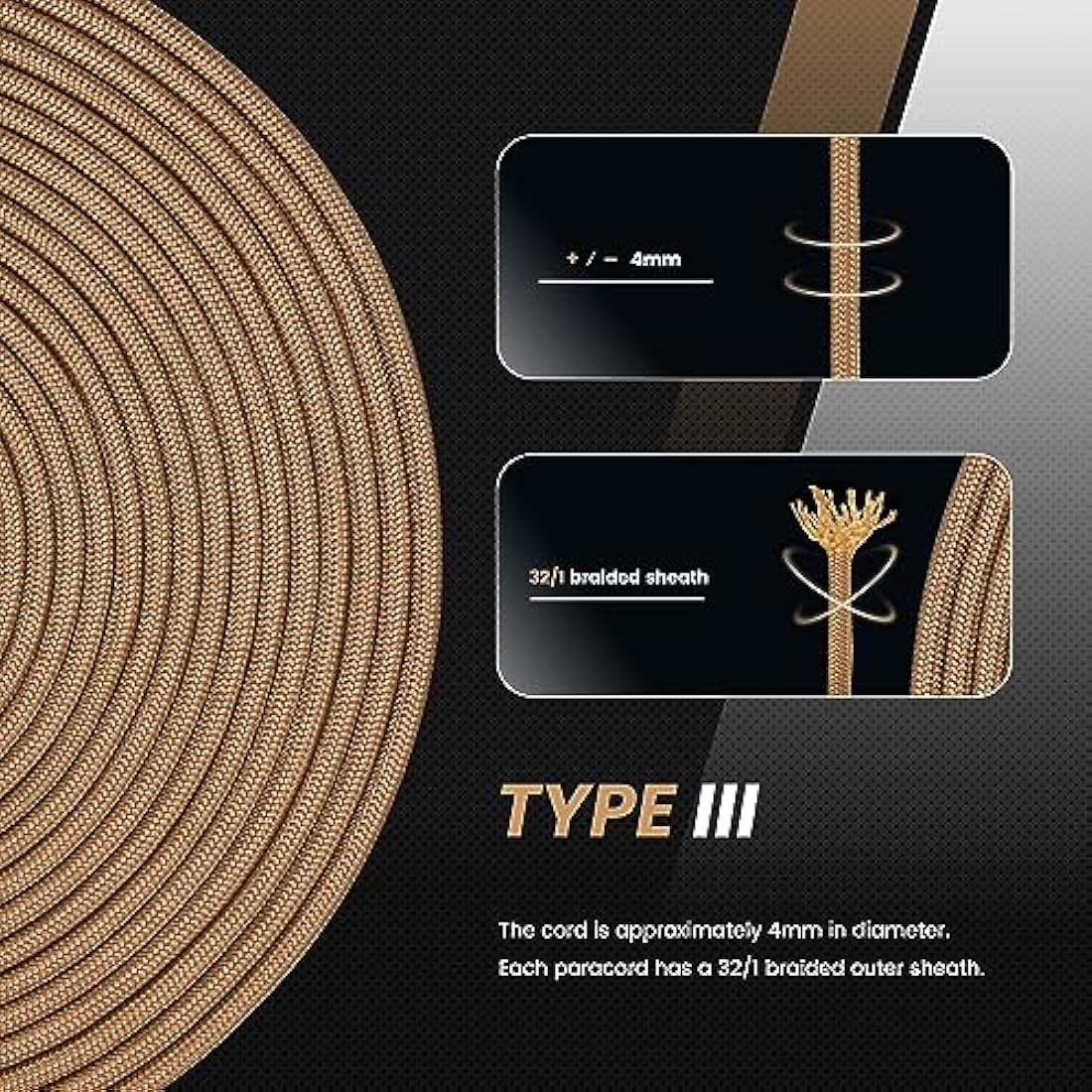 Abma Cord 4mm Type III Nylon Paracord – 9 Strands, 100m Coyote Brown