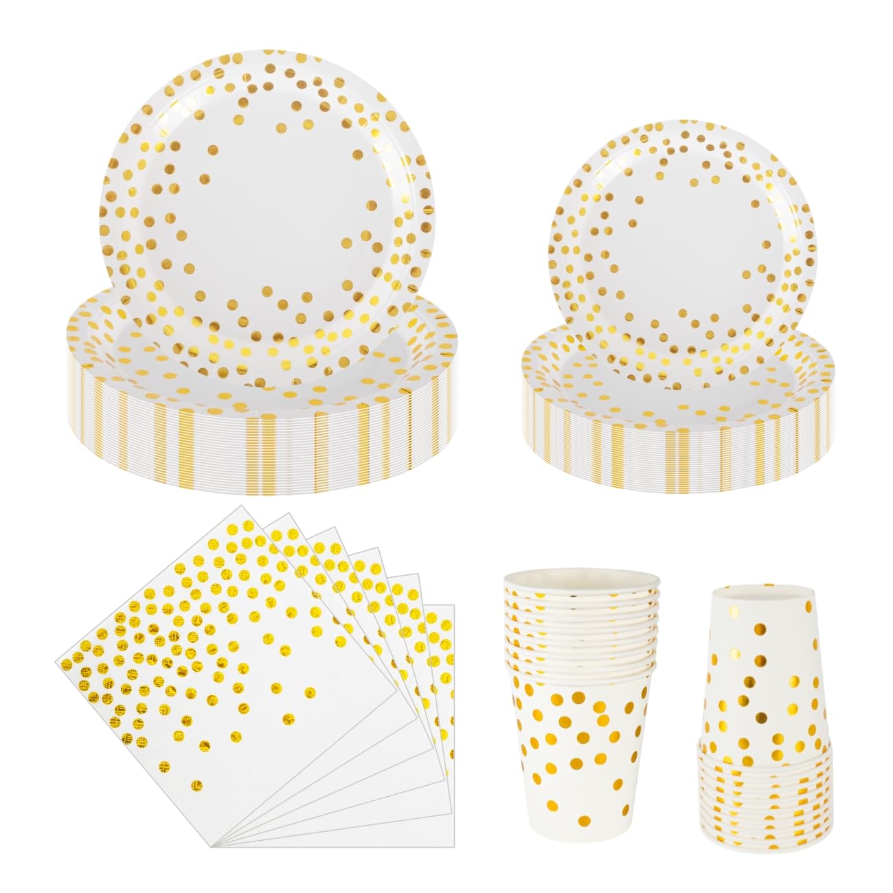 CEILIWEN White and Gold Polka Dot Party Tableware Set - Serves 25 Guests