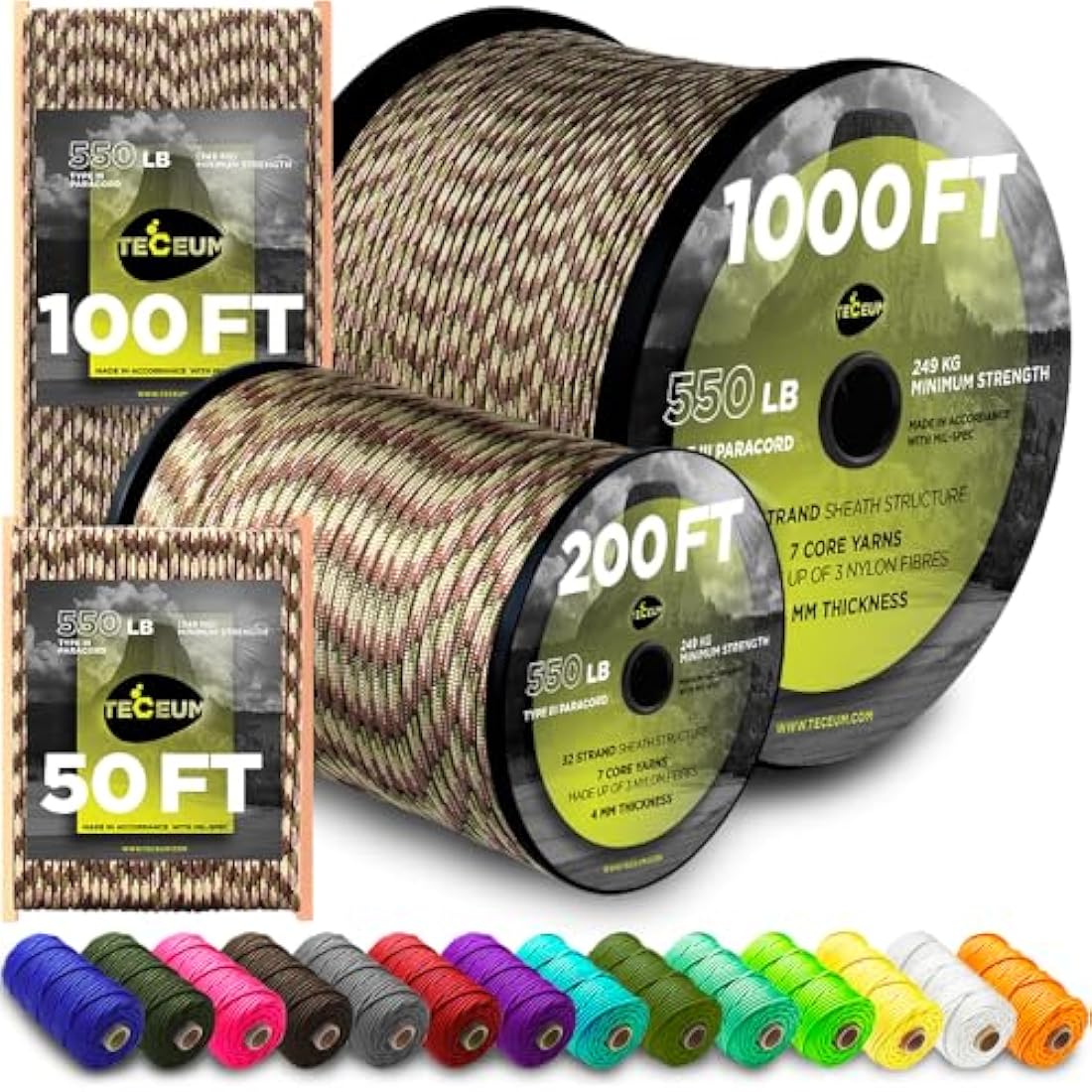 TECEUM 550lb Paracord – 4mm Nylon Tactical Survival Rope for Camping