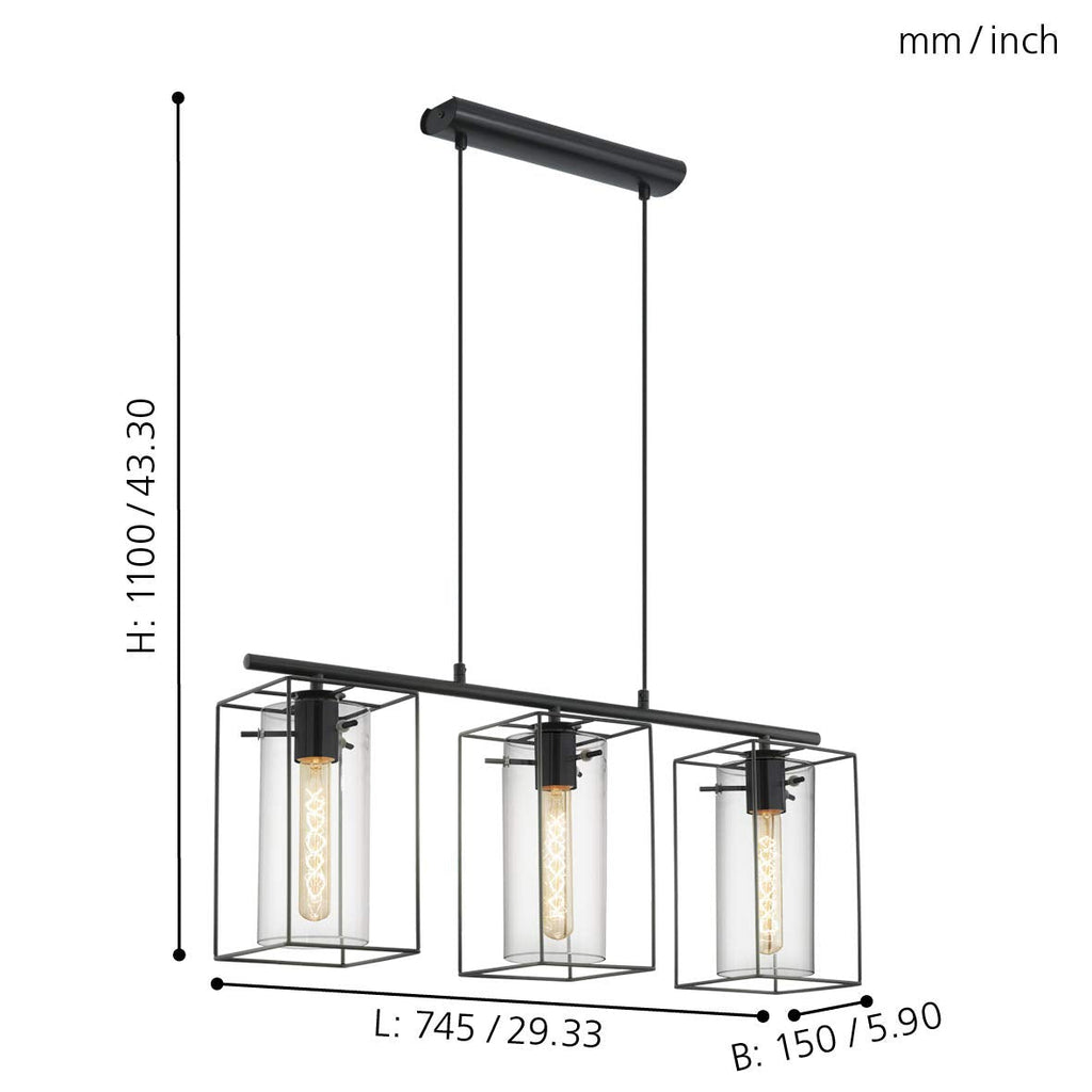 Eglo Loncino 3-Flame Vintage Pendant Lamp | Black Steel & Tinted Glass