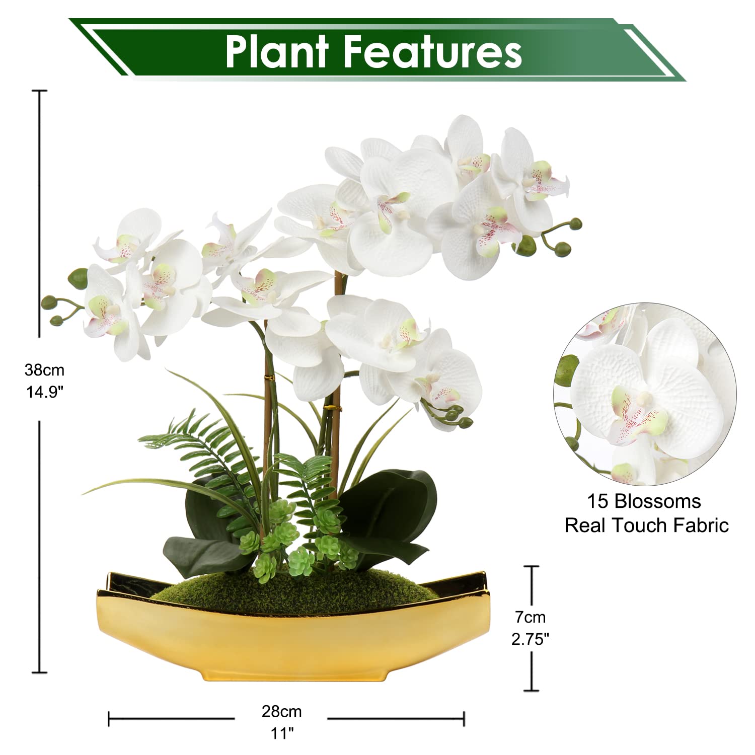 Briful 15" Artificial Phalaenopsis Orchid Bonsai in Gold Pot – Silk Flowers
