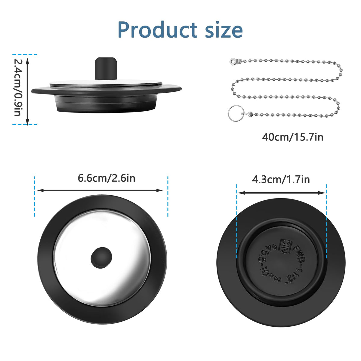 QINCINA 2 Pcs Universal Sink Plug, Black Rubber, 43mm, 23mm, Kitchen & Bathroom Sink Plug Replacement, 40cm Stainless Steel Chain 2 Pack