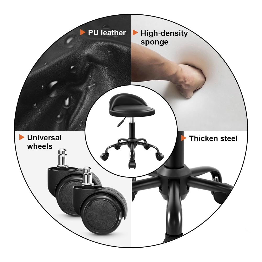 KKTONER Rolling Stool with BackRest Height Adjustable Round Chair with Wheels Swivel Drafting Work PU Leather stools Small Black