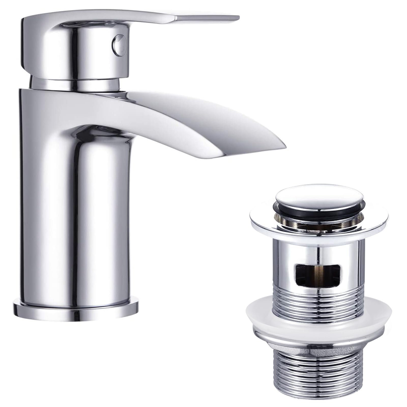 Funime Waterfall Basin Mixer Tap | Chrome Brass Sink Faucet with Waste
