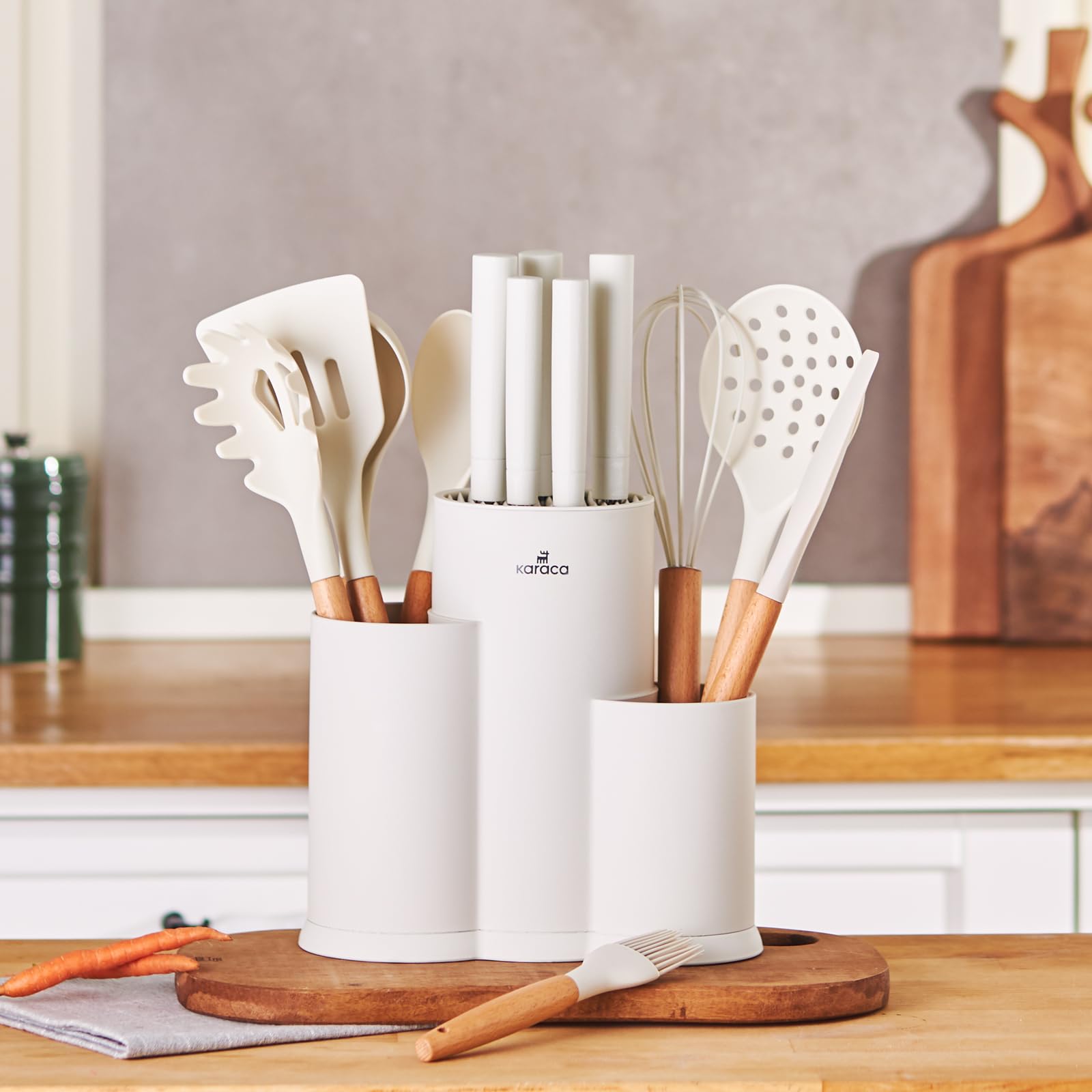 Karaca Burby 14-Piece Stainless Steel Knife Block Set - Cream