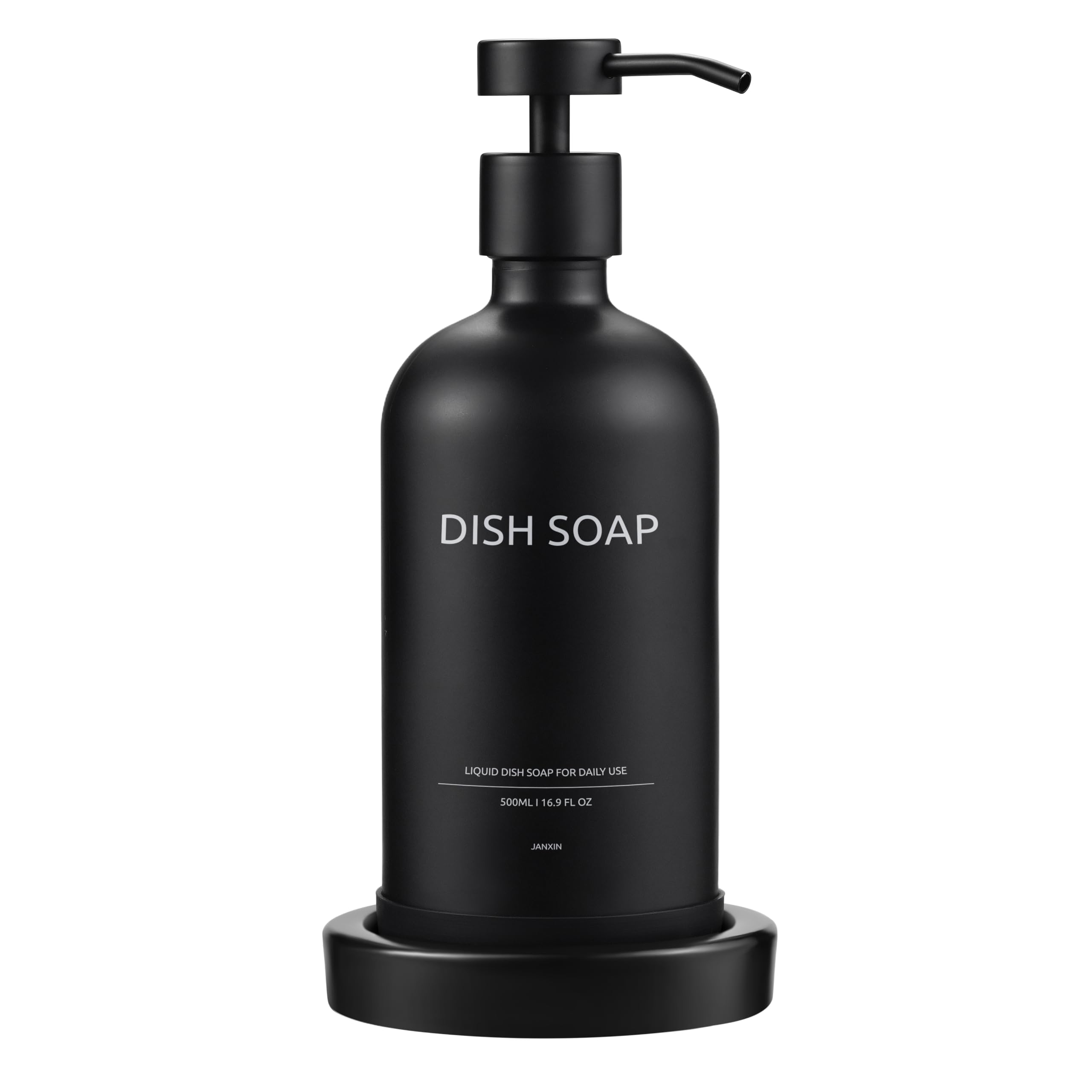 Janxin Glass Dish Soap Dispenser with Ceramic Tray - Modern Black 500ml