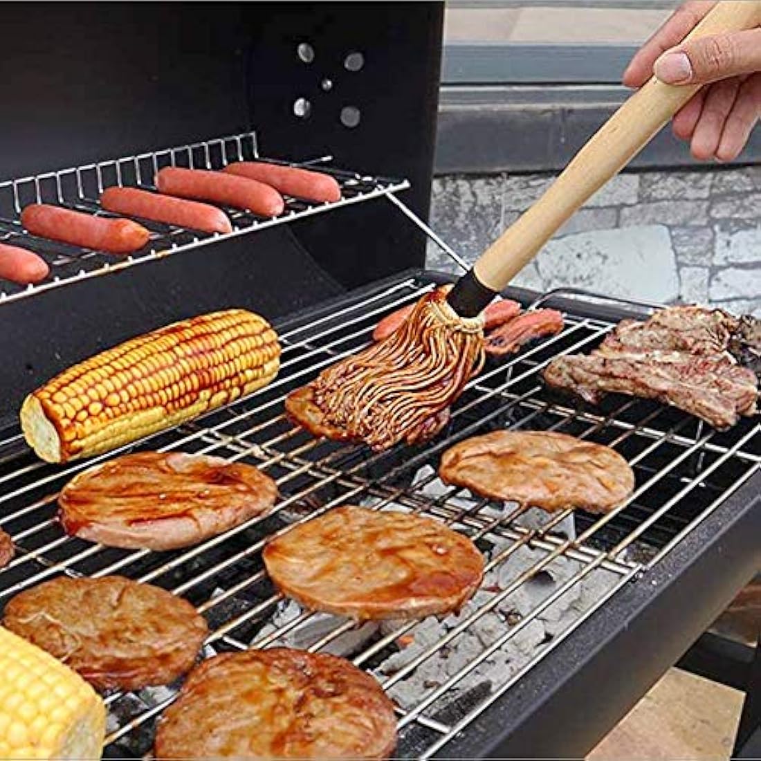 YFWOOD BBQ Basting Mop – 18 Inch Wooden Handle Grill Brush with 3 Heads