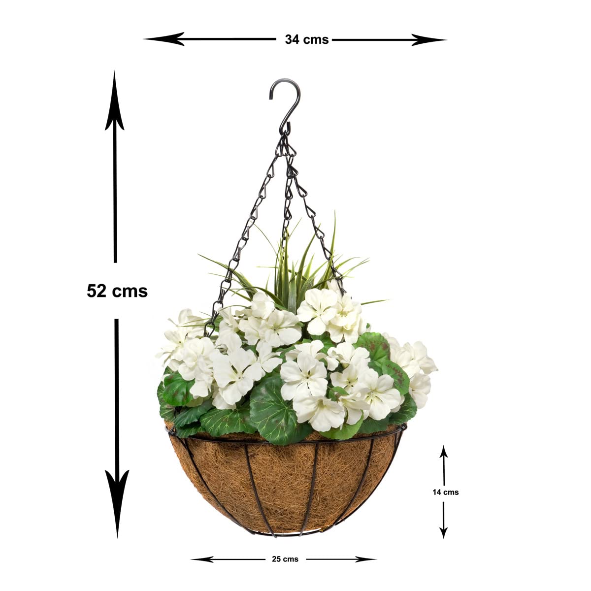 GreenBrokers Artificial White Geranium Hanging Coir Baskets – Set of 2