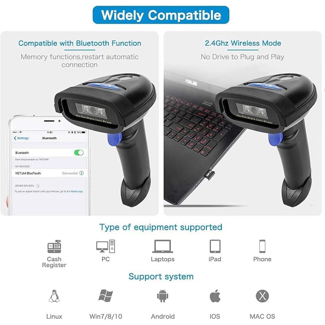 NETUM NT-1228BC Bluetooth CCD Barcode Scanner | Wireless 1D Imager