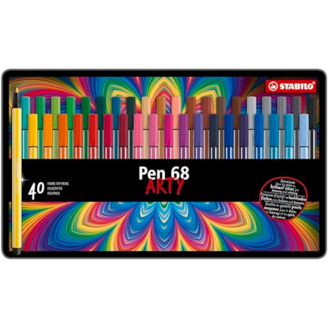 STABILO Pen 68 Premium Fibre-Tip Pens - ARTY Tin of 40 Assorted Colours
