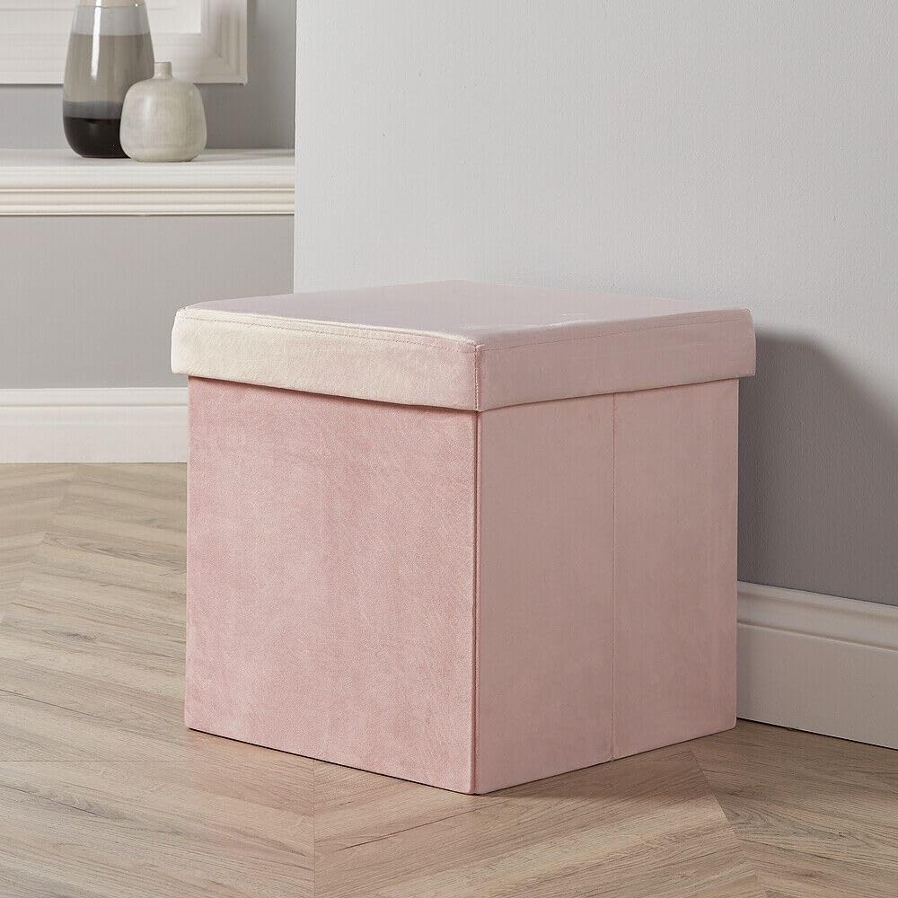 Folding Storage Ottoman – Blush Pink Velvet Square Box