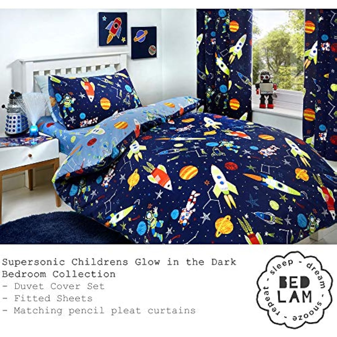 Bedlam Supersonic Glow in the Dark Kids Space Curtains - Blue, 66x72