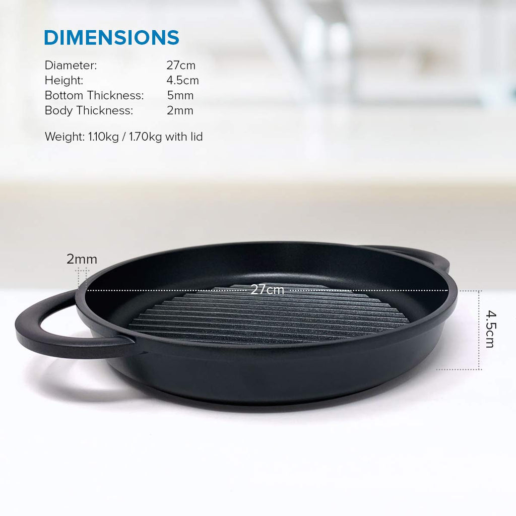 Joejis 27cm Non-Stick Induction Grill Pan – Cast Aluminium with Lid
