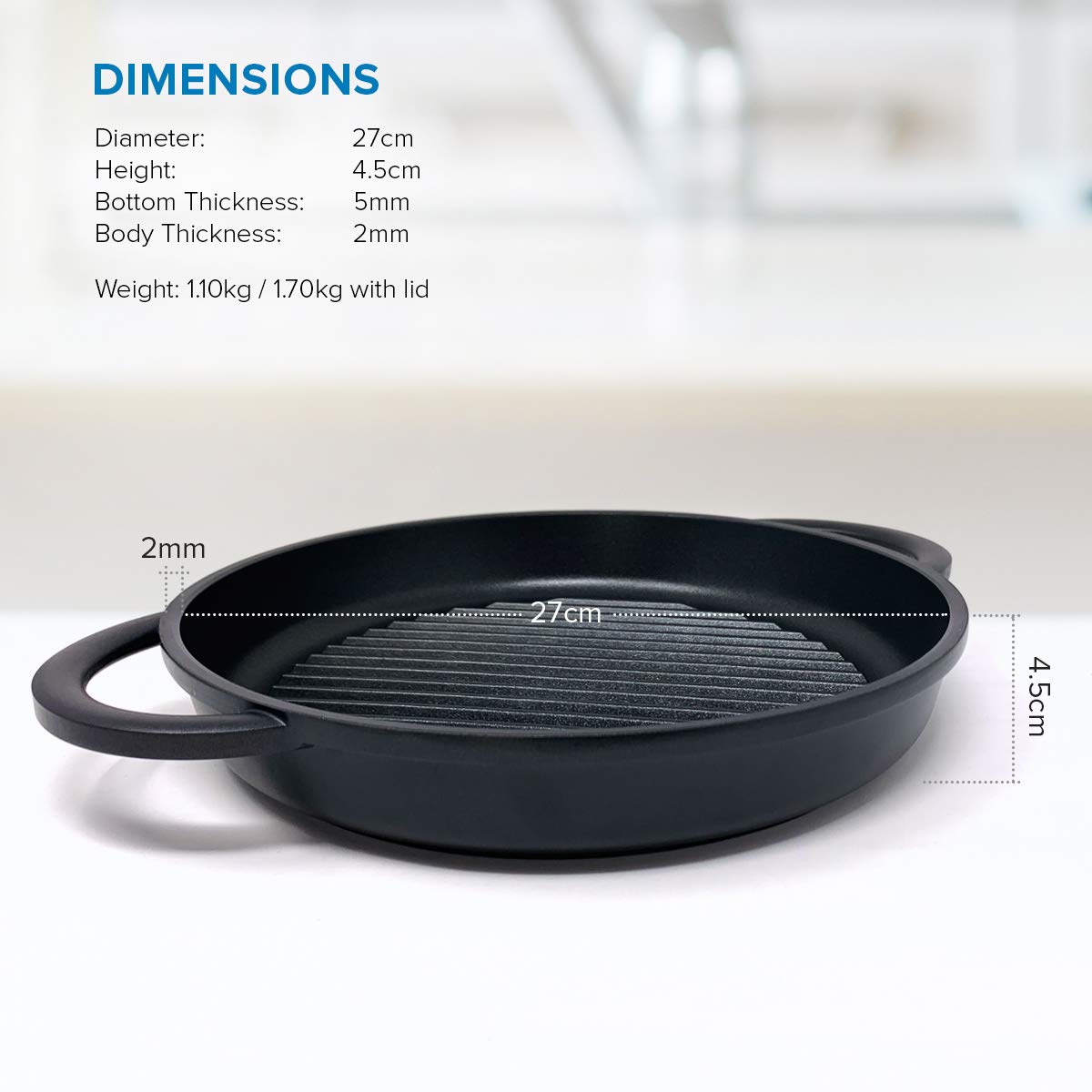 Joejis 27cm Non-Stick Induction Grill Pan – Cast Aluminium with Lid
