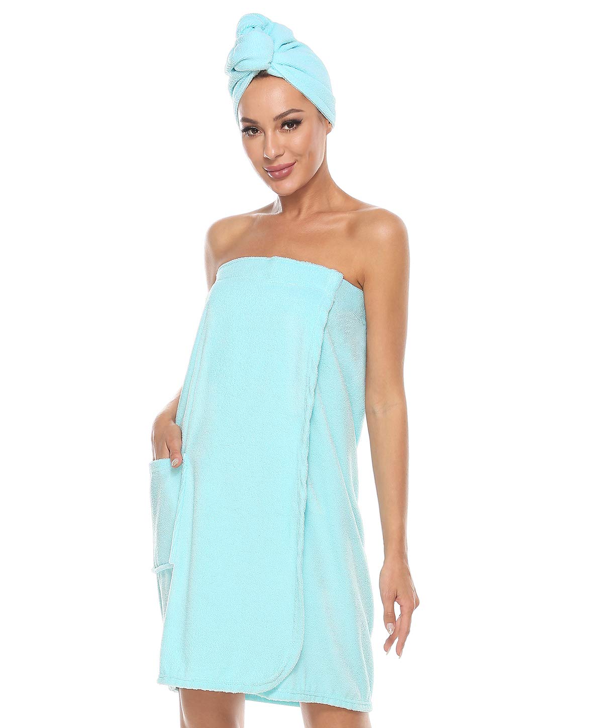 Vislivin Women's Spa Wrap Towel Robe with Hair Towel | Blue, Large