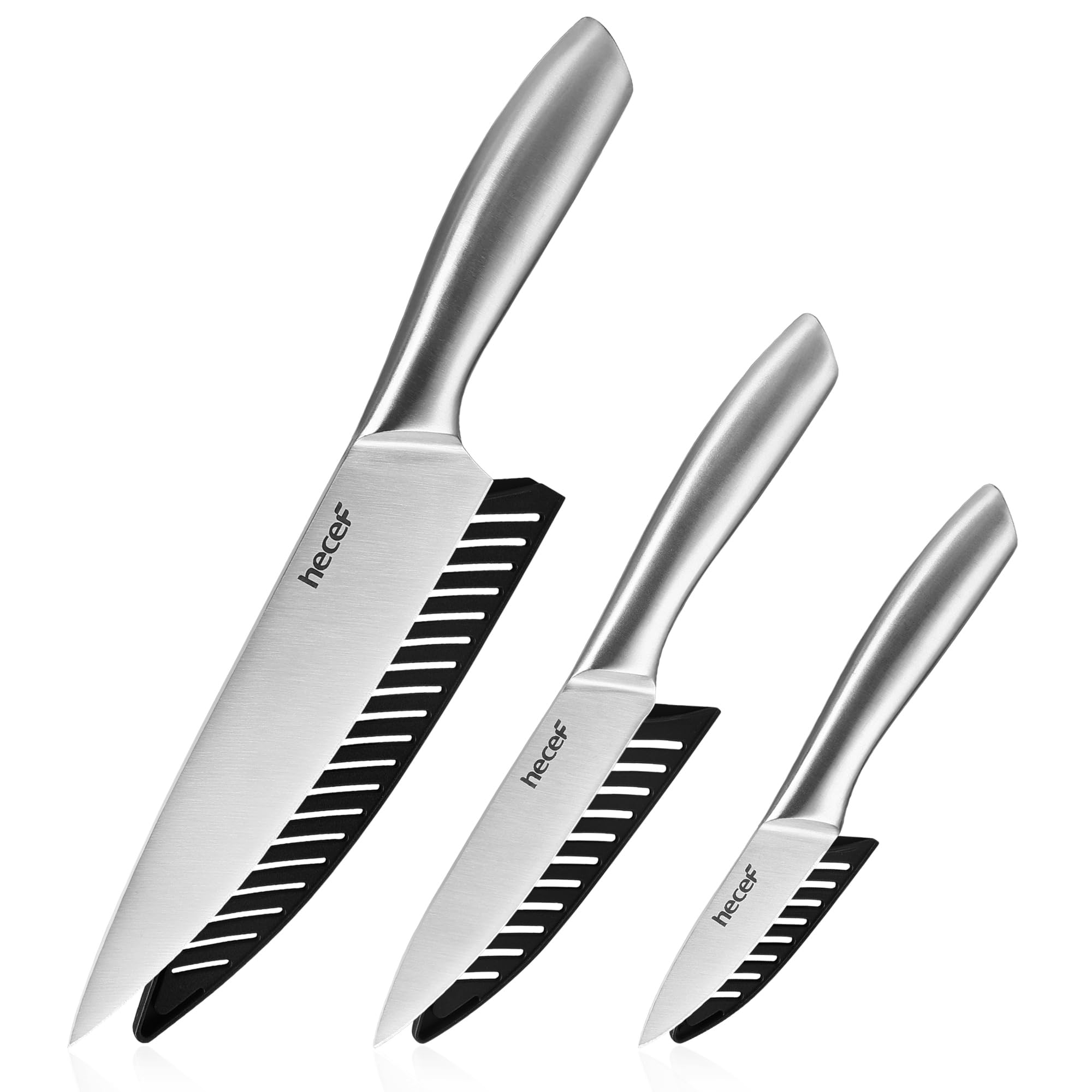 hecef 3-Piece Kitchen Knife Set - Stainless Steel Chef Knives with Covers