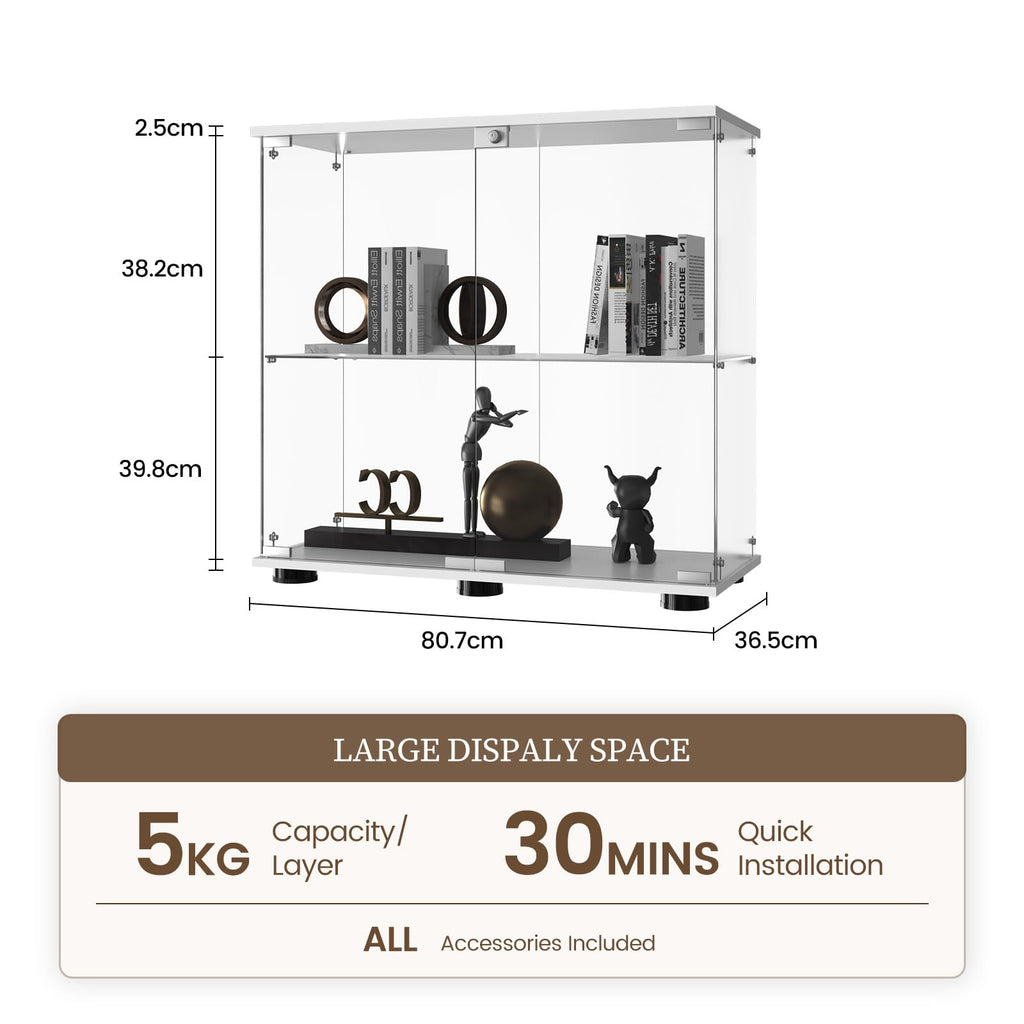 Beauty4U 2-Shelf Double Door Glass Display Cabinet, 83cm Tall, White