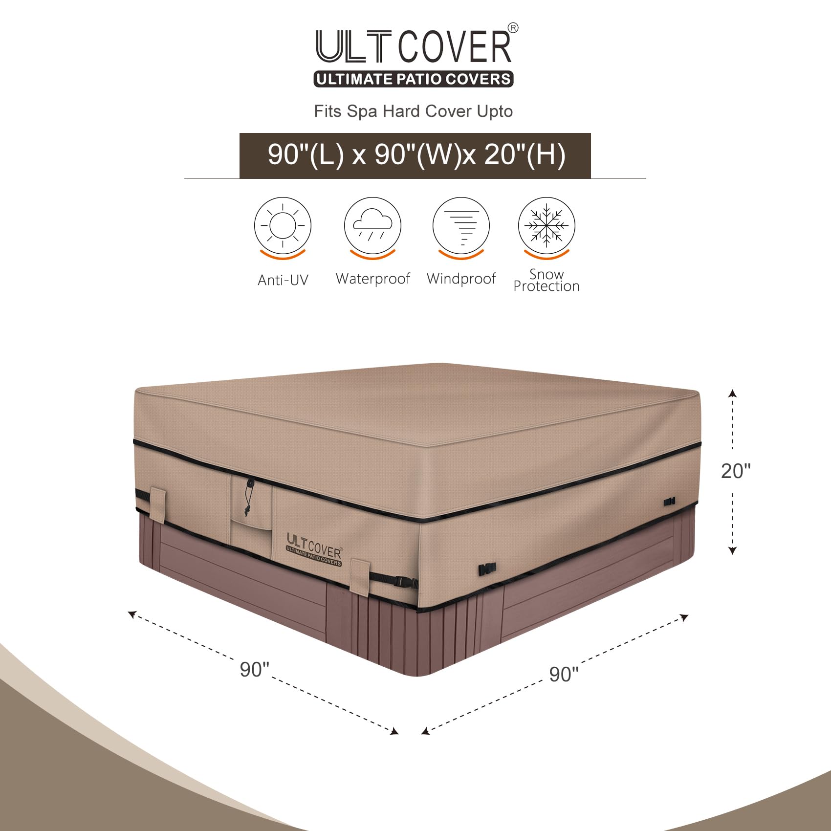 ULTCOVER Waterproof 600D Polyester Square Hot Tub Cover, 90 x 90 inch
