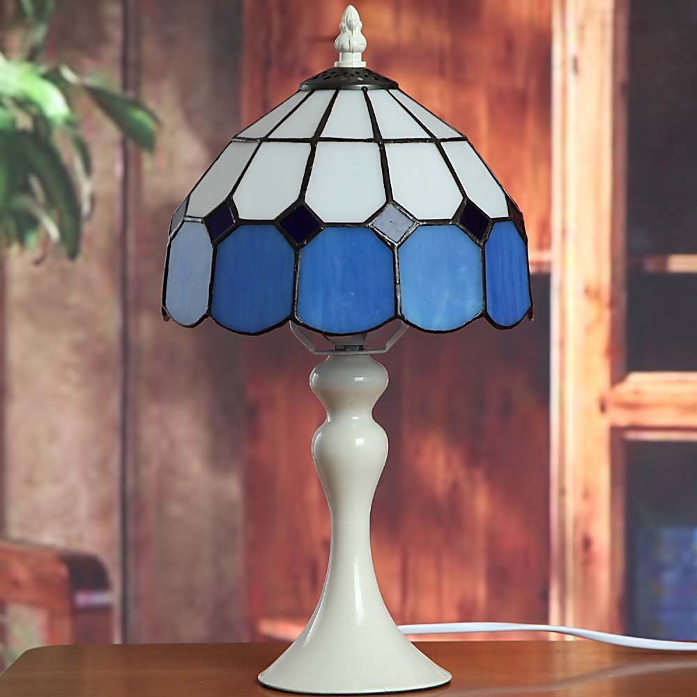 Bieye Mediterranean Tiffany Style Stained Glass Table Lamp - 8" Blue Shade