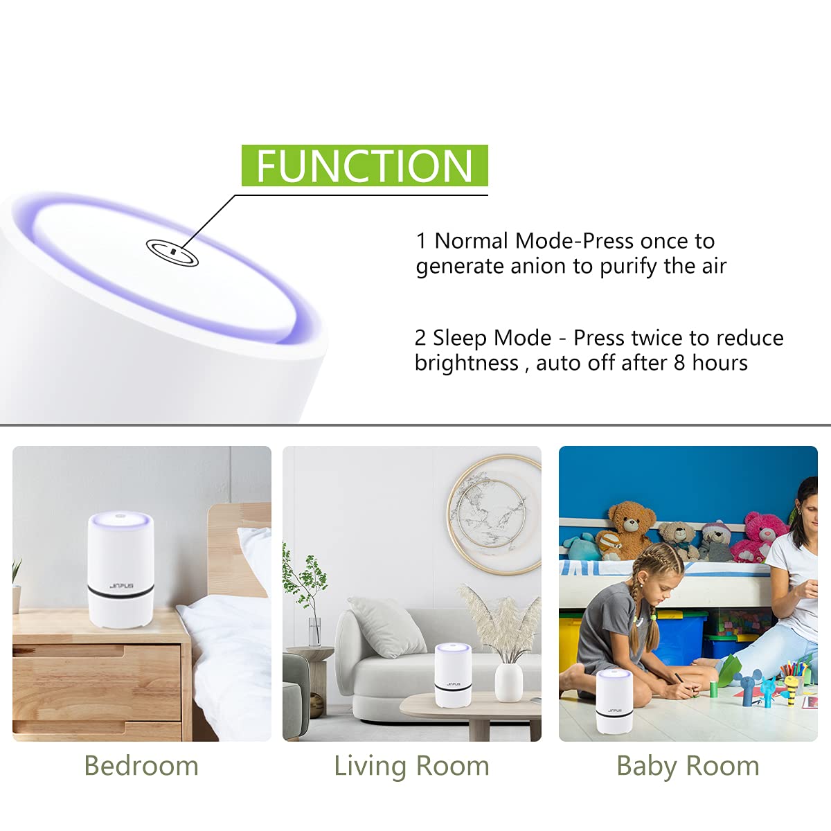JINPUS Portable HEPA Air Purifier – Silent Ionizer for Dust and Allergies