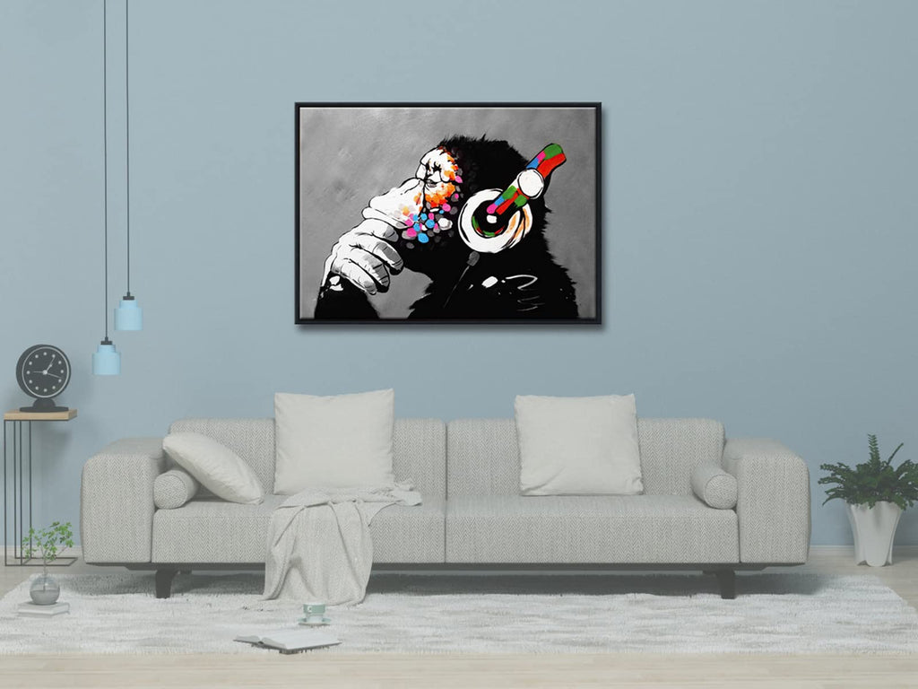 Banksy Monkey with Headphones Framed Canvas Wall Art – 29x21