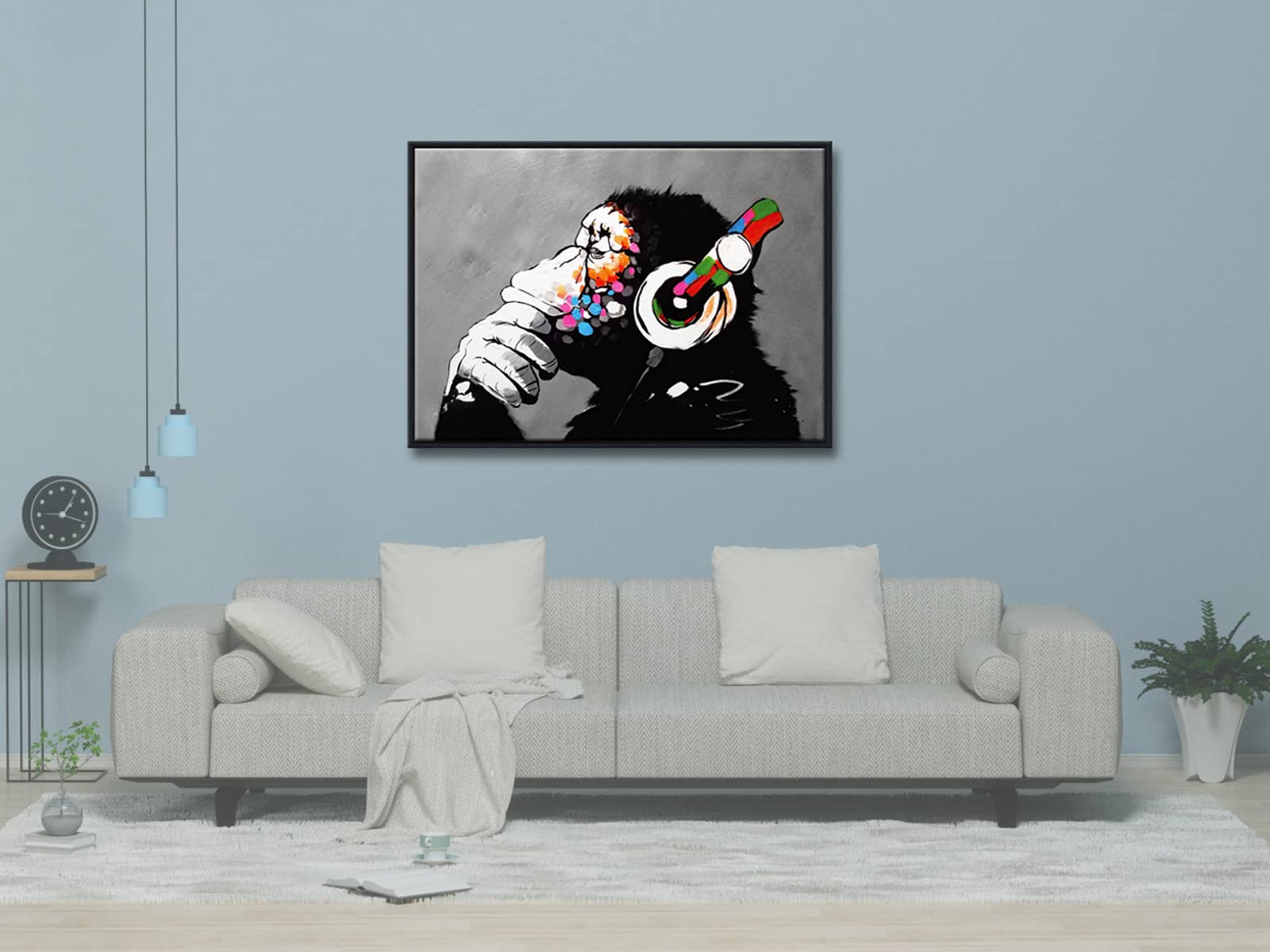 Banksy Monkey with Headphones Framed Canvas Wall Art – 29x21
