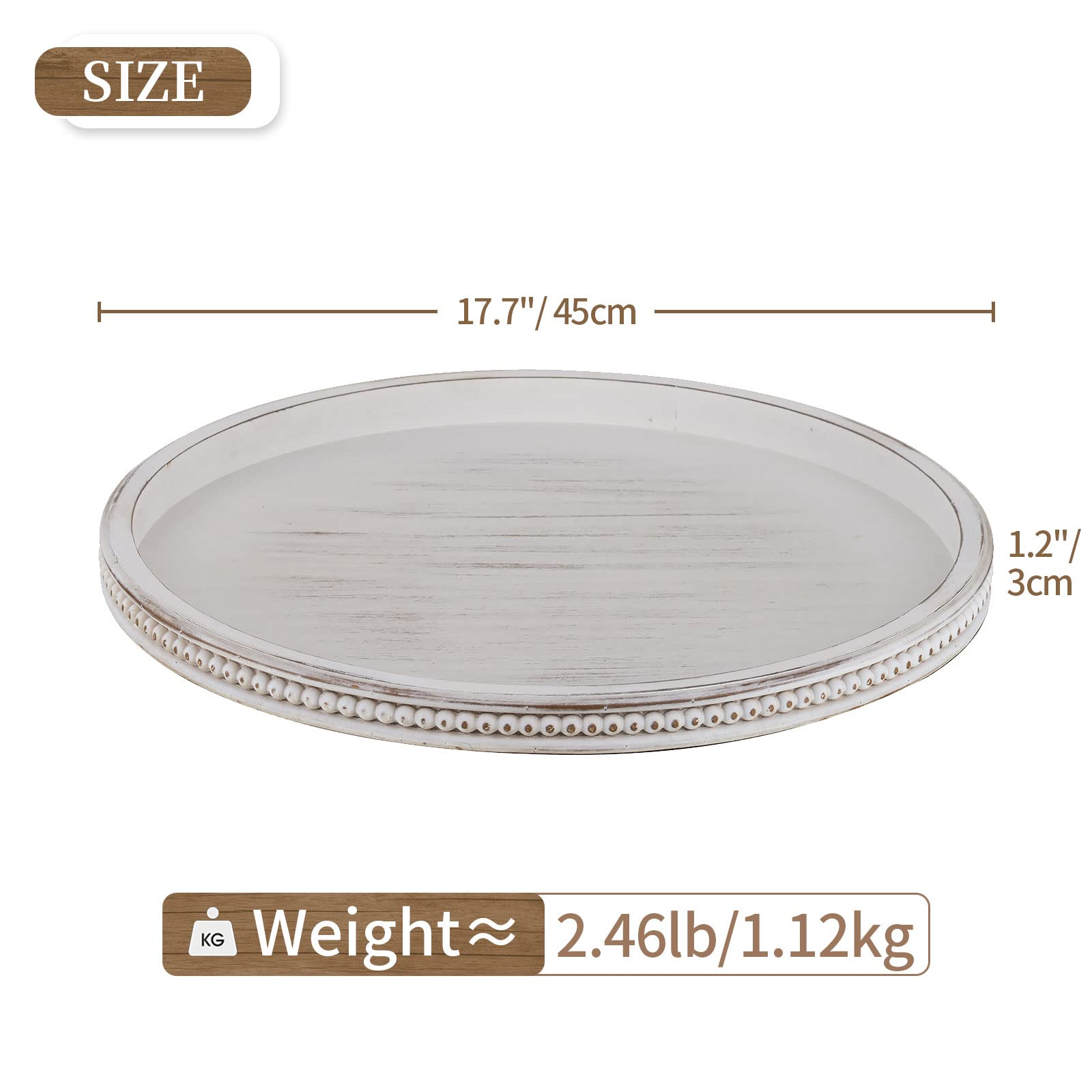 Hanobe 18" Round White Wood Decorative Tray | Beaded Farmhouse Centerpiece