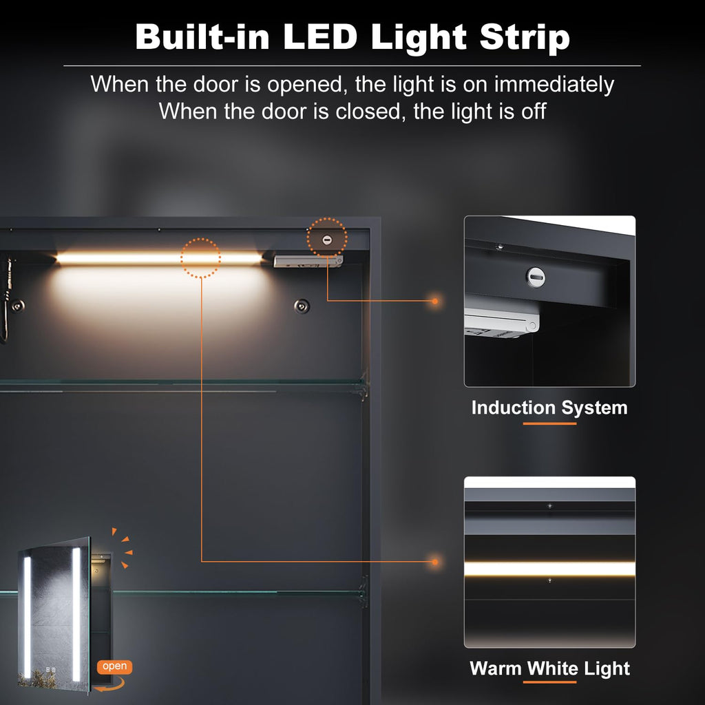 ELEGANT Illuminated Bathroom Cabinet with Shaver Socket, Built-in LED Light Strip, Demister Pad, Slow Close Hinge, Adjustable Shelves - image 3