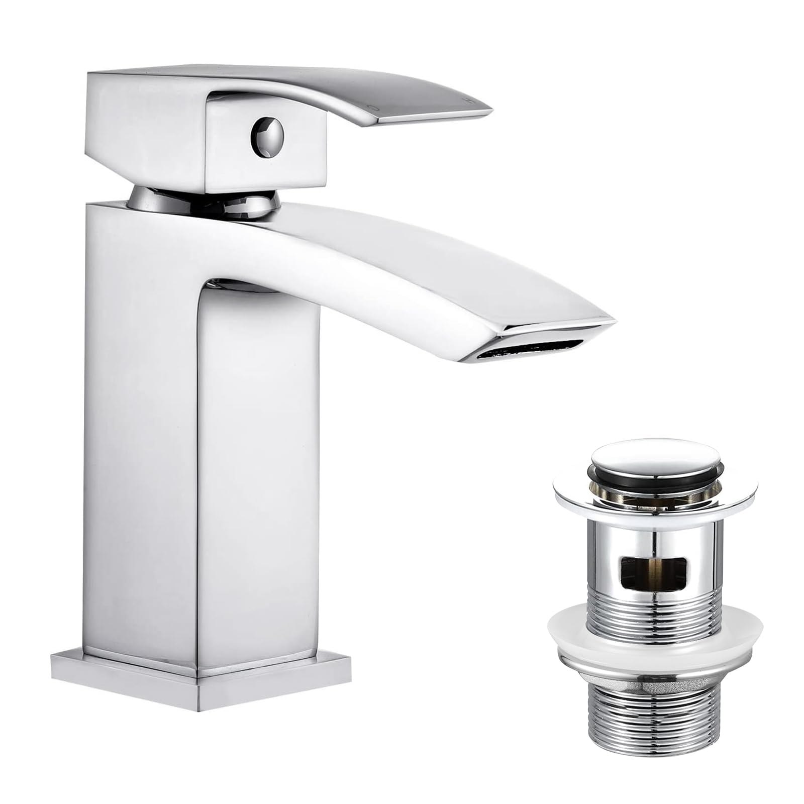 Hapilife Waterfall Basin Mixer Tap with Pop Up Waste | Square Chrome