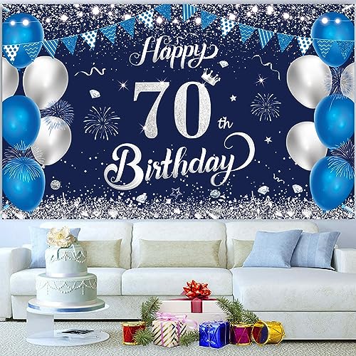 70th Birthday Banner – Blue & Silver Party Backdrop, 1.1x1.8m