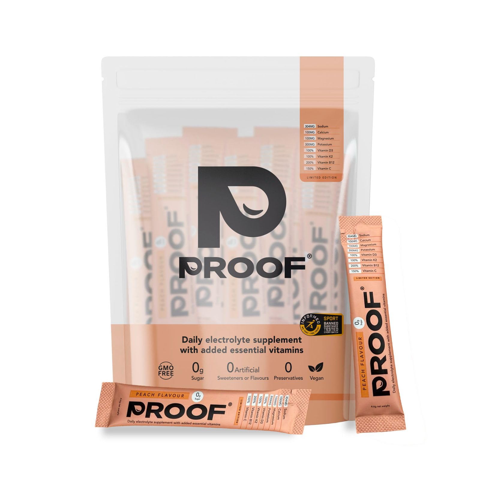 Proof Hydration Peach Electrolyte Powder – Zero Sugar Sachets (20 Count)