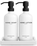 Brighter Barns White Glass Soap & Lotion Dispenser Set with Ceramic Tray