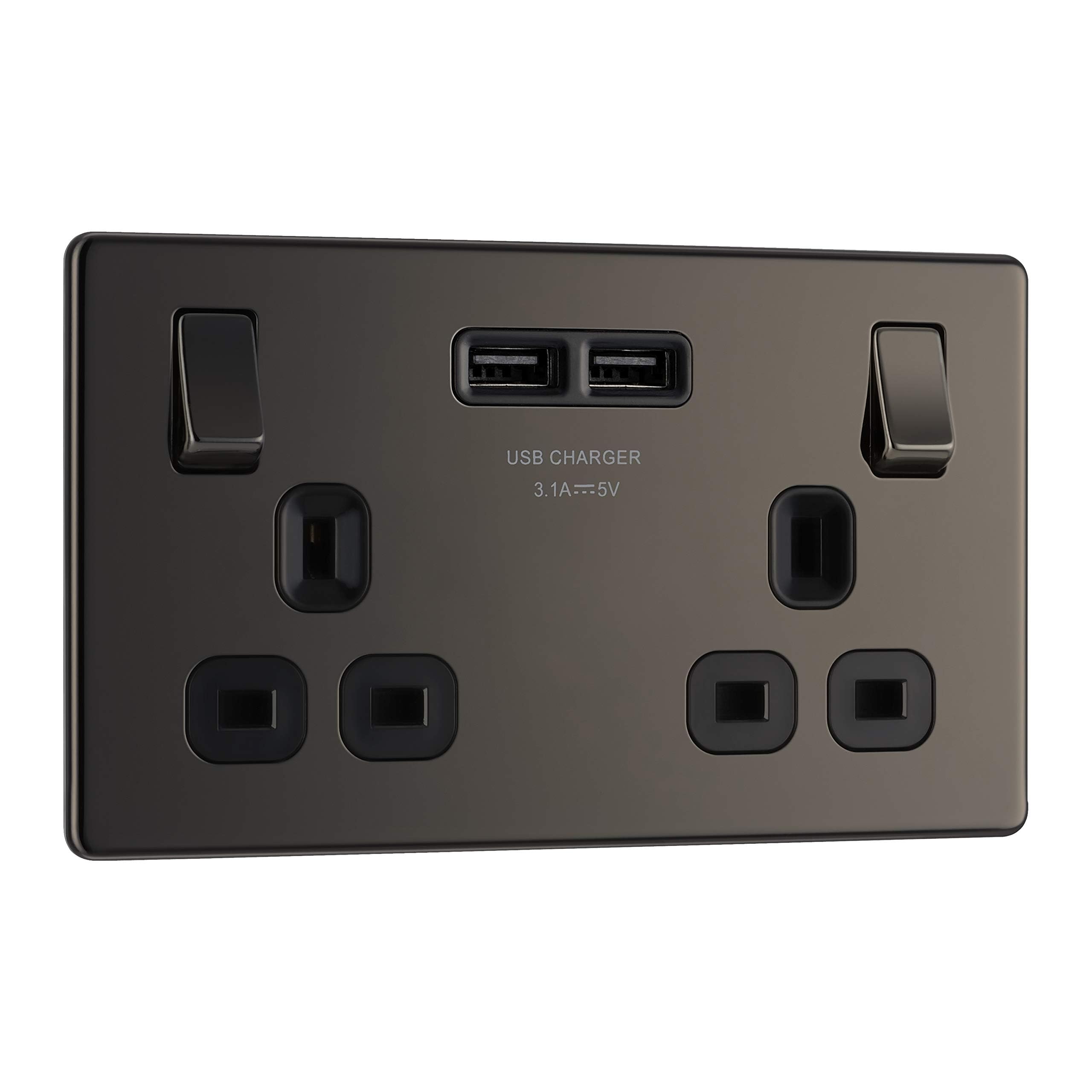 BG Electrical Double Switched Power Socket | Black Nickel Screwless Plate
