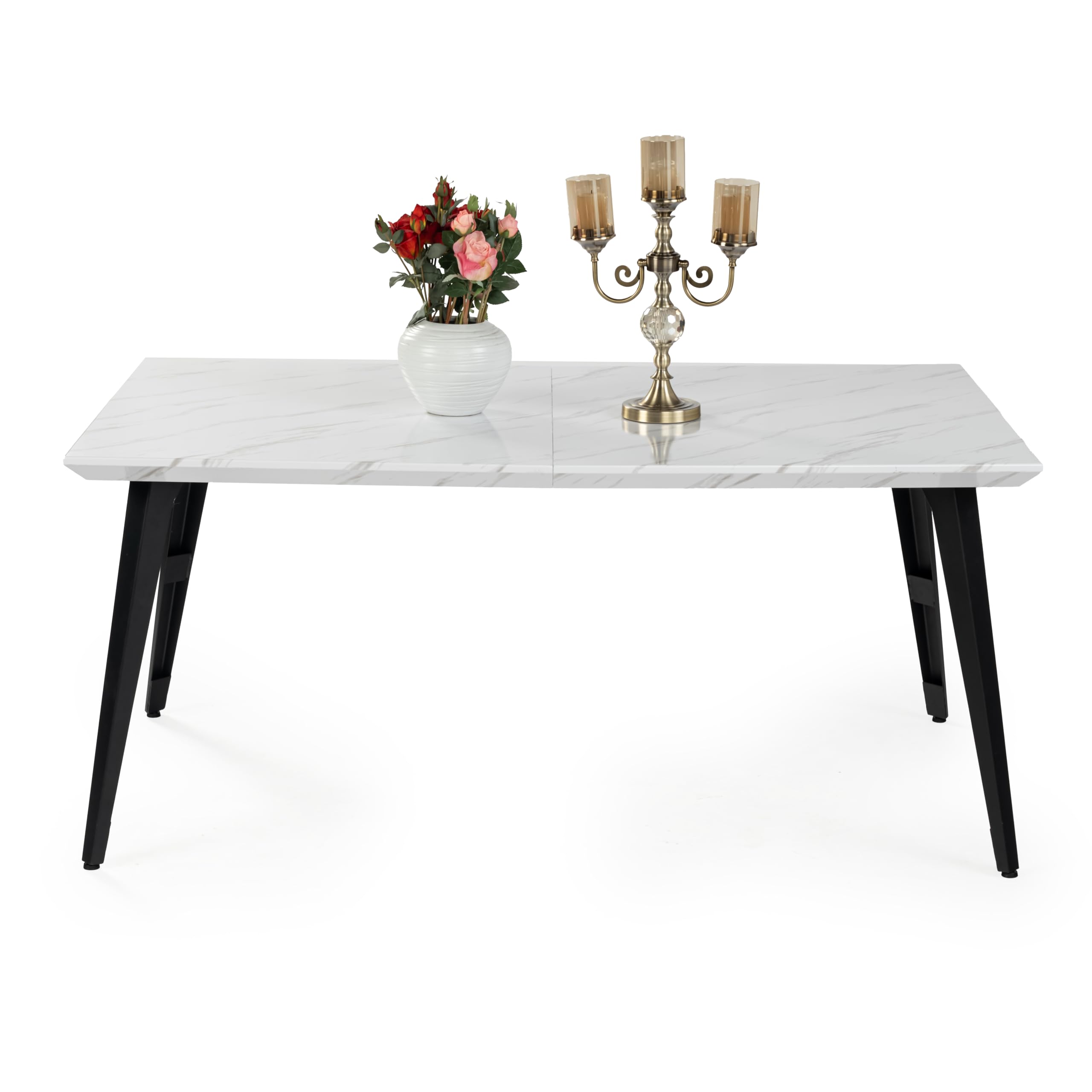 FurnitureR 150cm White Marble Effect Dining Table with Black Metal Legs