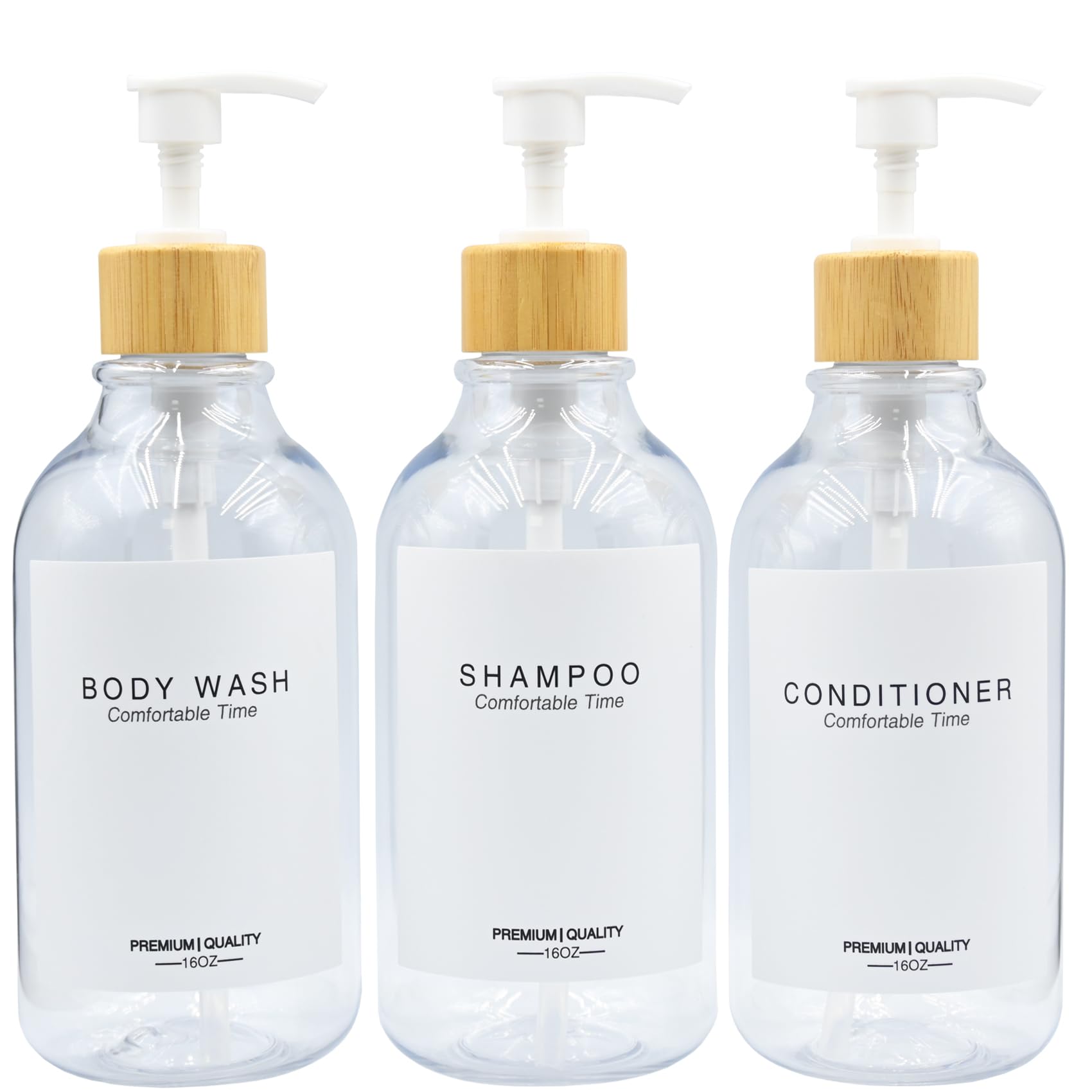 Jolof Store Refillable Shampoo Bottles with Bamboo Pump - 3pc Amber Set