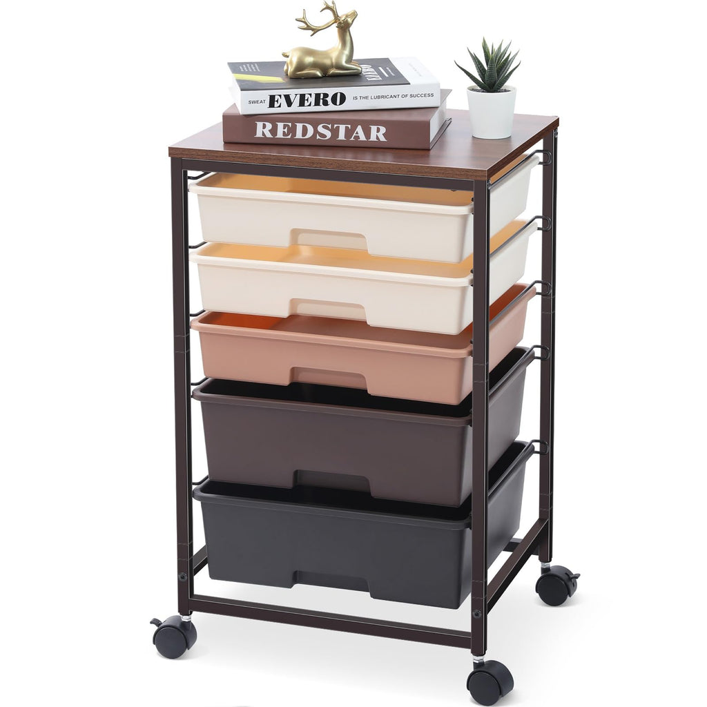 SYKIARIOL 5-Drawer Rolling Storage Cart with Wooden Top – Brown