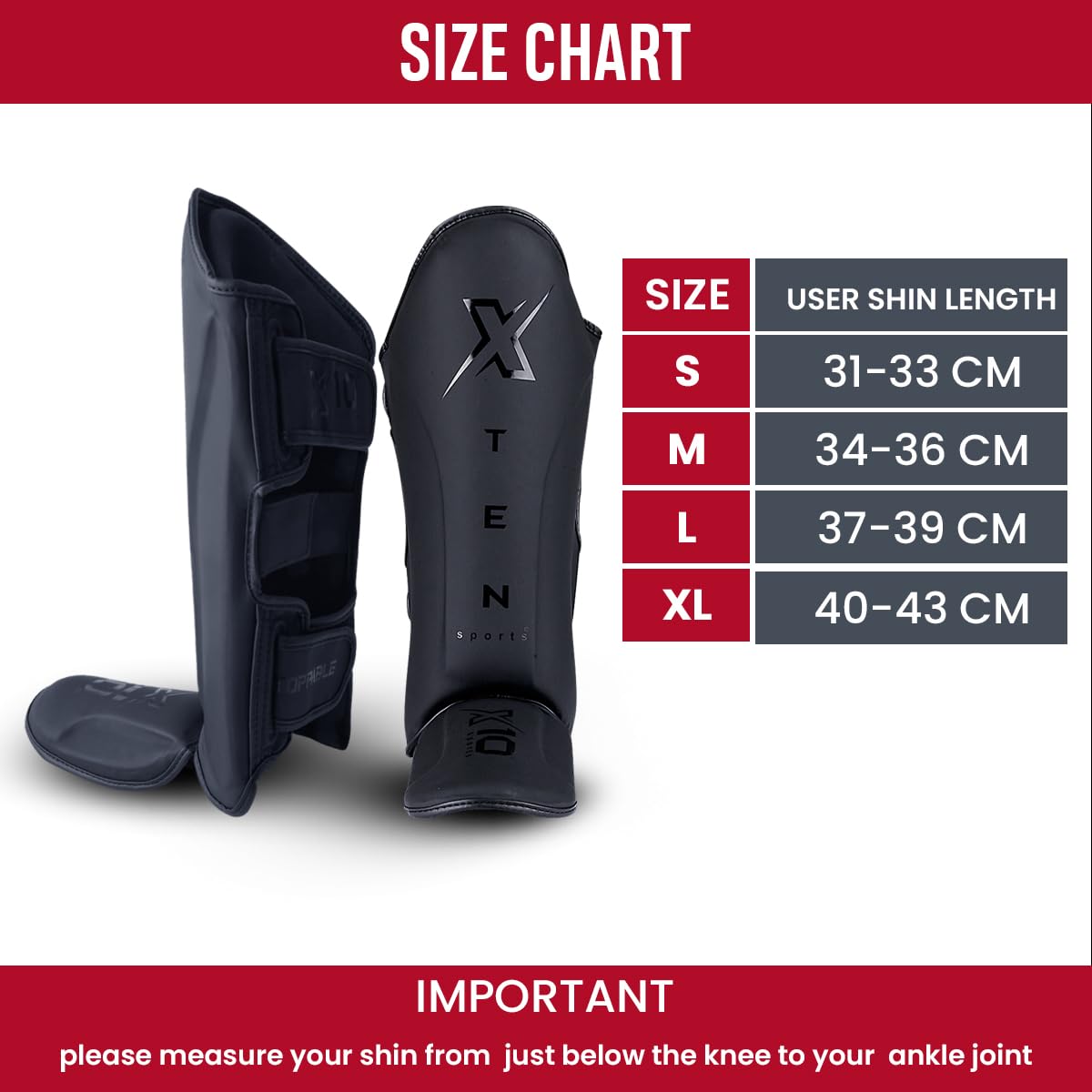 XTEN SPORTS Muay Thai Shin Guards – Gel Padded Leather MMA Gear, Matte Black