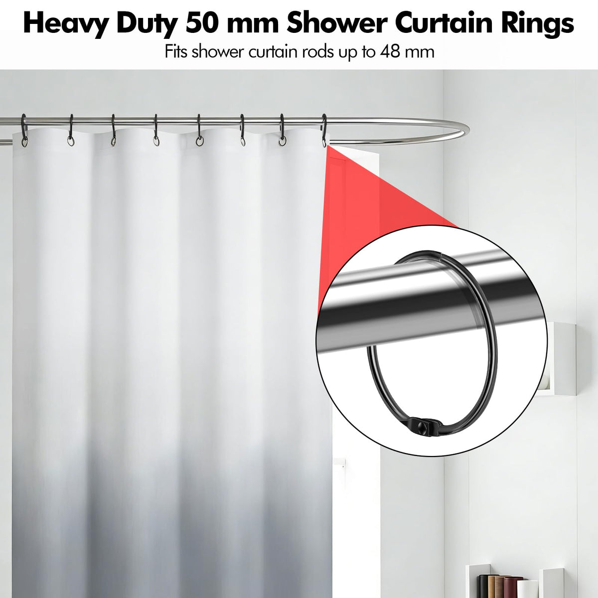 Lunhoo 20-Pack 50 mm Shower Curtain Rings, Shower Curtain Hooks, Multi-Purpose Round Clips, Large Metal Binder Ring, Key Ring Black - image 2