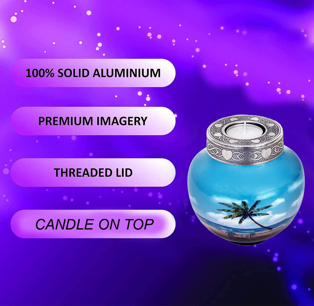 HLC Blue Palm Tree Cremation Urn – Handcrafted Aluminum Memorial Urn