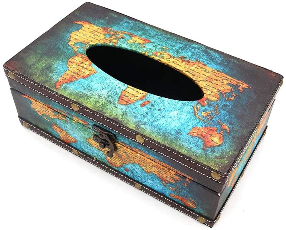 POFET Vintage Wooden Tissue Box Holder – Shabby Chic Map Print Cover