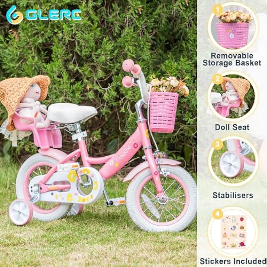 Glerc Maggie 12 Inch Girls Bicycle with Doll Seat and Basket