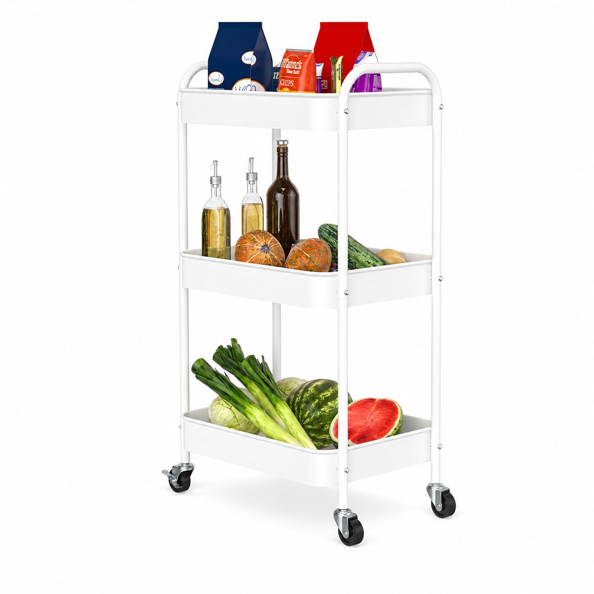 PNVXNUS 3-Tier Rolling Cart, Metal Utility Storage Carts with Wheels,White - image 1